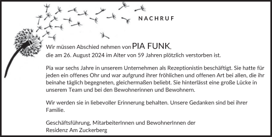 Todesanzeige von Pia Funk von trierischer_volksfreund