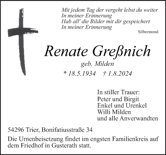 Todesanzeige von Renate Greßnich von trierischer_volksfreund