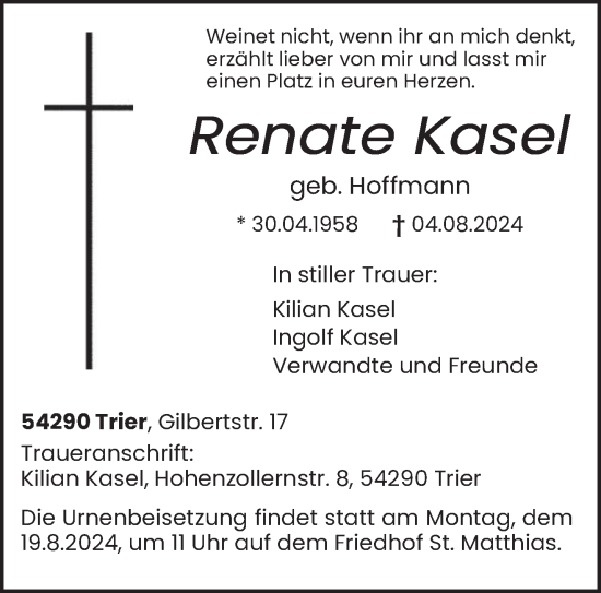 Todesanzeige von Renate Kasel von trierischer_volksfreund