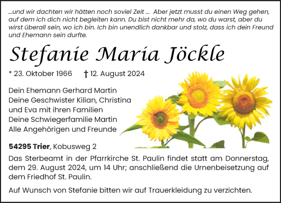 Todesanzeige von Stefanie Maria Jöckle von trierischer_volksfreund