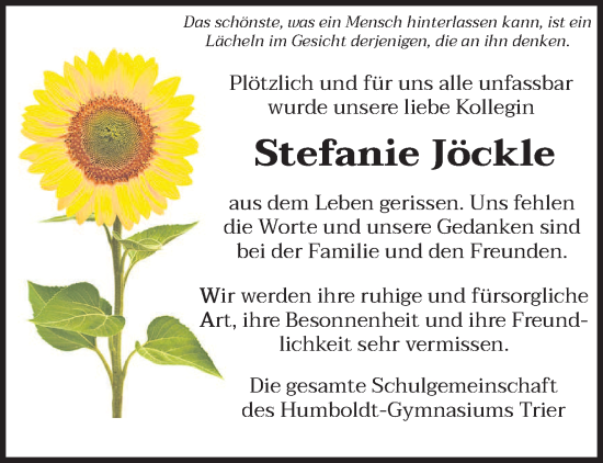 Todesanzeige von Stefanie Maria Jöckle von trierischer_volksfreund