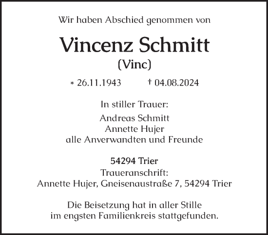 Todesanzeige von Vincenz Schmitt von trierischer_volksfreund