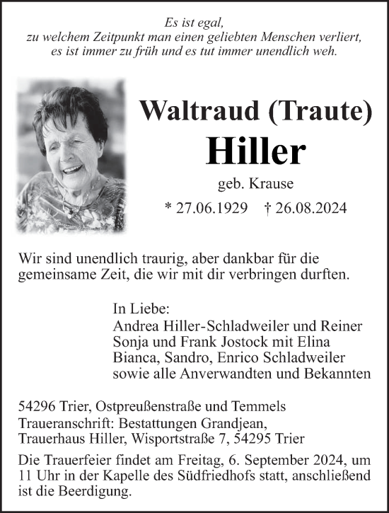 Todesanzeige von Waltraud Hiller von trierischer_volksfreund