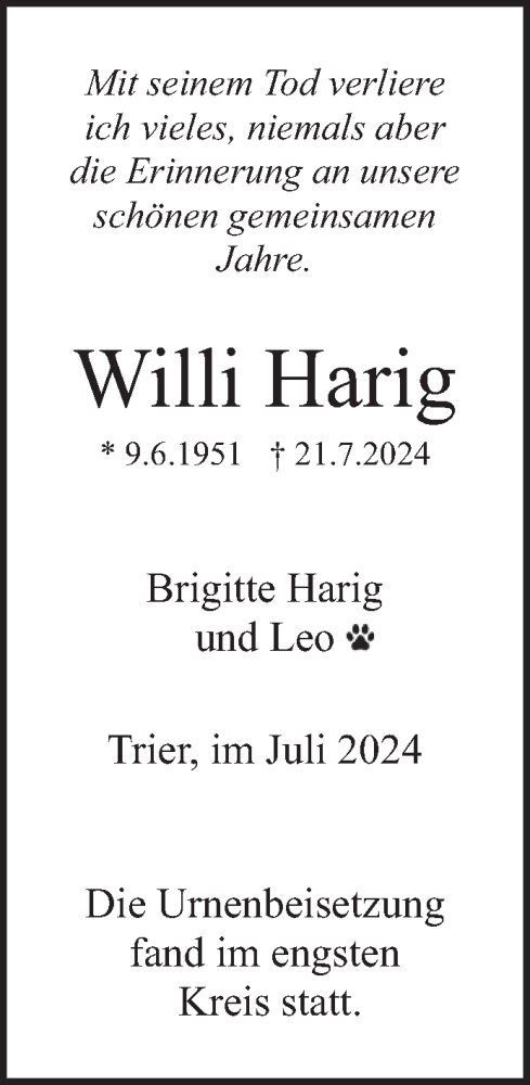 Todesanzeige von Willi Harig von trierischer_volksfreund