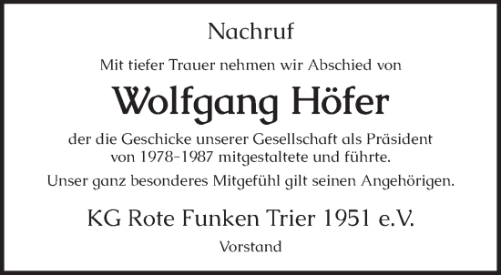 Todesanzeige von Wolfgang Höfer von trierischer_volksfreund