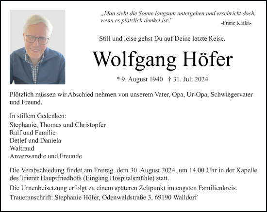 Todesanzeige von Wolfgang Höfer von trierischer_volksfreund