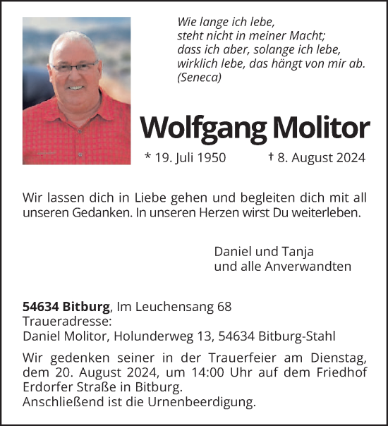 Todesanzeige von Wolfgang Molitor von trierischer_volksfreund