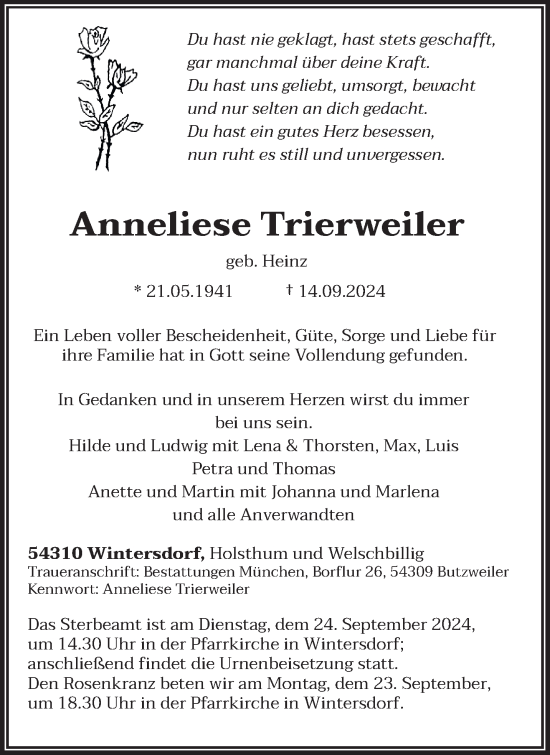 Todesanzeige von Anneliese Trierweiler von trierischer_volksfreund