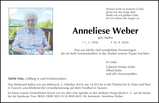 Todesanzeige von Anneliese Weber von trierischer_volksfreund