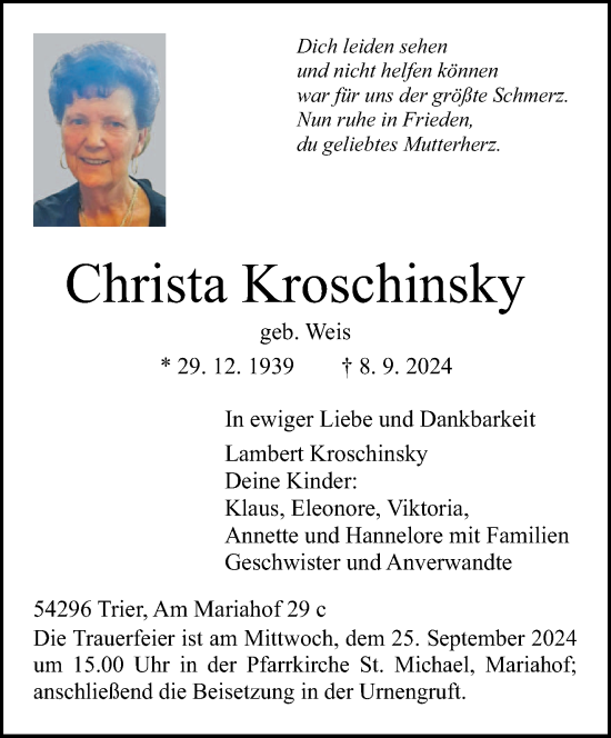 Todesanzeige von Christa Kroschinsky von trierischer_volksfreund