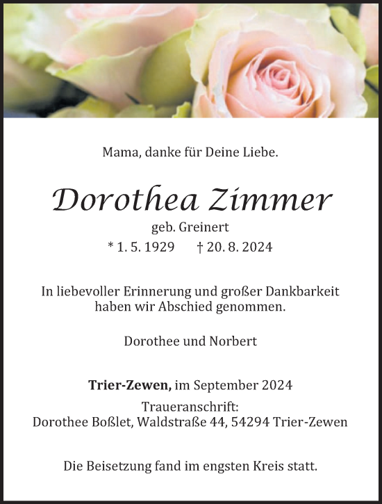 Todesanzeige von Dorothea Zimmer von trierischer_volksfreund