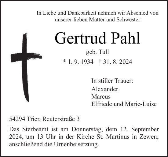 Todesanzeige von Gertrud Pahl von trierischer_volksfreund