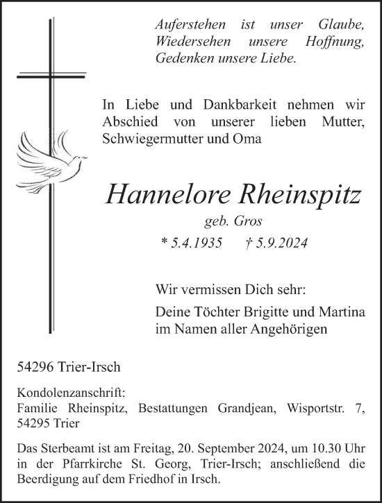 Todesanzeige von Hannelore Rheinspitz von trierischer_volksfreund