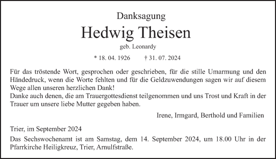 Todesanzeige von Hedwig Theisen von trierischer_volksfreund