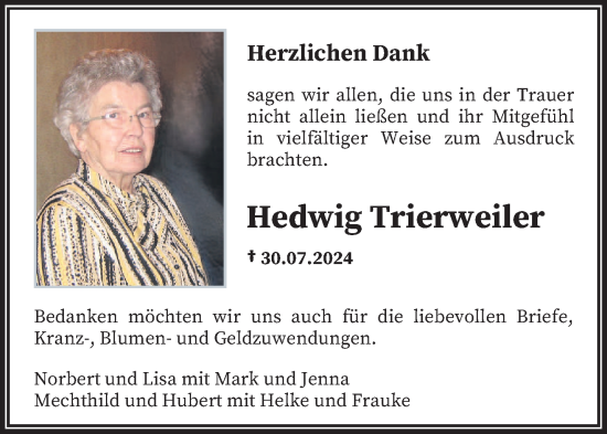 Todesanzeige von Hedwig Trierweiler von trierischer_volksfreund