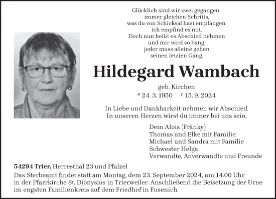 Todesanzeige von Hildegard Wambach von trierischer_volksfreund