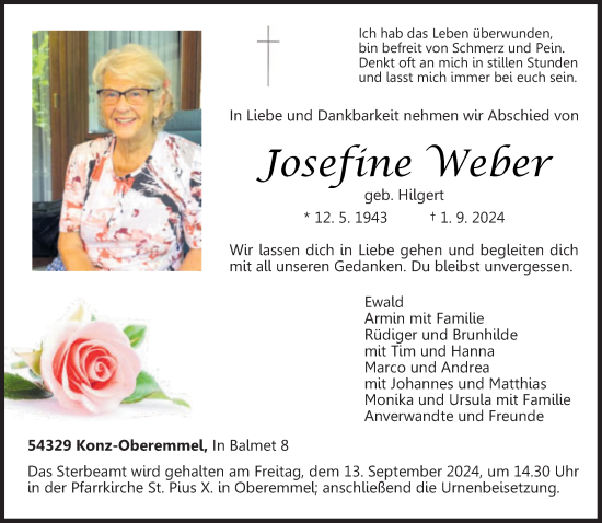 Todesanzeige von Josefine Weber von trierischer_volksfreund