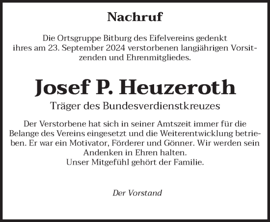 Todesanzeige von Josef P. Heuzeroth von trierischer_volksfreund