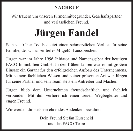 Todesanzeige von Jürgen Fandel von trierischer_volksfreund