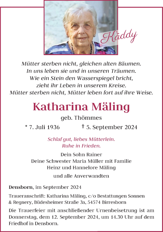 Todesanzeige von Katharina Mäling von trierischer_volksfreund