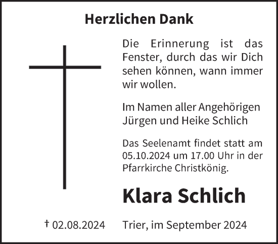 Todesanzeige von Klara Schlich von trierischer_volksfreund