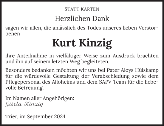 Todesanzeige von Kurt Kinzig von trierischer_volksfreund