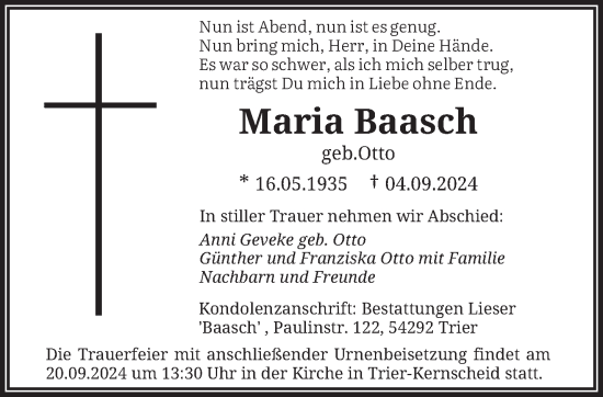 Todesanzeige von Maria Baasch von trierischer_volksfreund