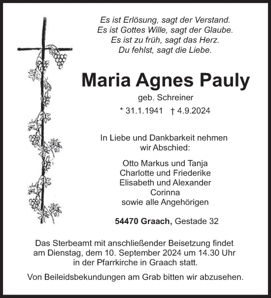 Todesanzeige von Maria Agnes Pauly von trierischer_volksfreund