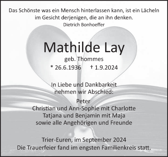 Todesanzeige von Mathilde Lay von trierischer_volksfreund