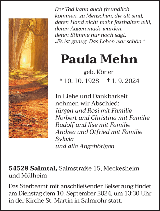 Todesanzeige von Paula Mehn von trierischer_volksfreund