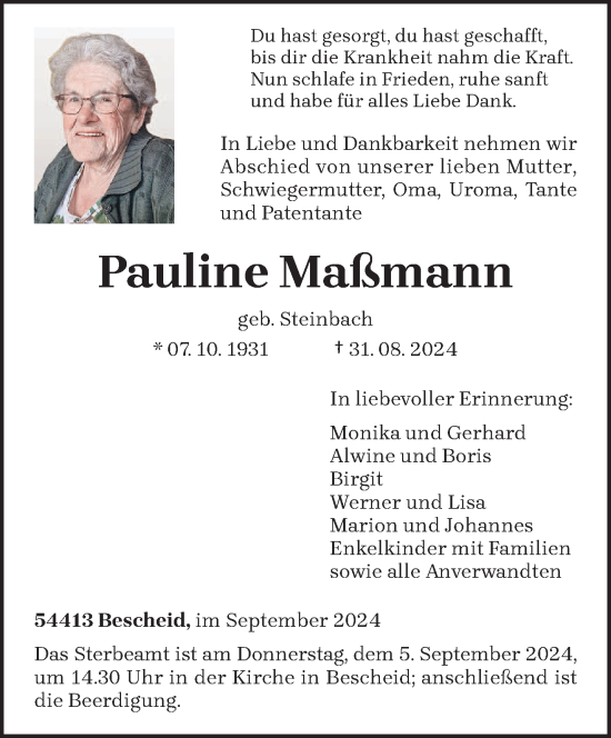 Todesanzeige von Pauline Maßmann von trierischer_volksfreund