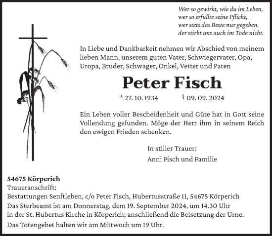 Todesanzeige von Peter Fisch von trierischer_volksfreund