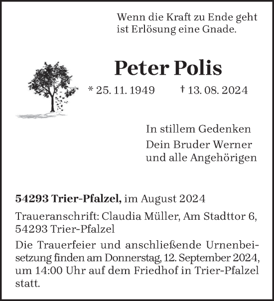 Todesanzeige von Peter Polis von trierischer_volksfreund