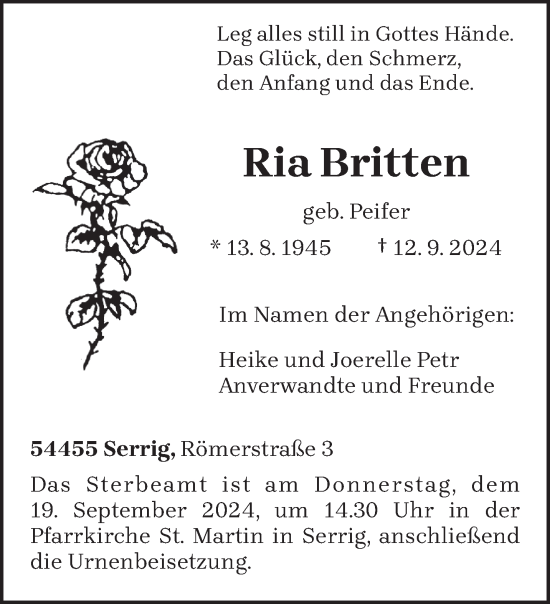 Todesanzeige von Ria Britten von trierischer_volksfreund