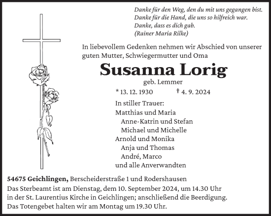 Todesanzeige von Susanna Lorig von trierischer_volksfreund