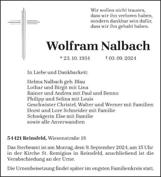 Todesanzeige von Wolfram Nalbach von trierischer_volksfreund