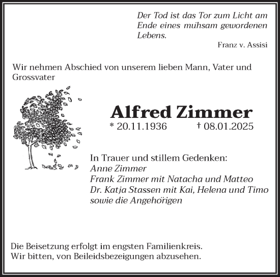 Todesanzeige von Alfred Zimmer von trierischer_volksfreund