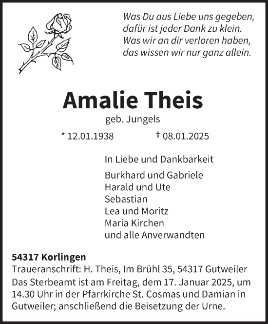 Todesanzeige von Amalie Theis von trierischer_volksfreund