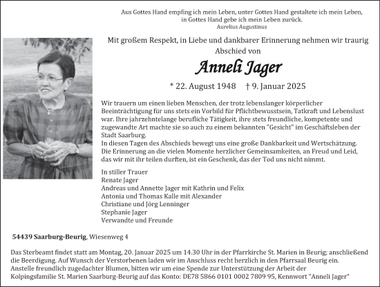 Todesanzeige von Anneli Jager von trierischer_volksfreund