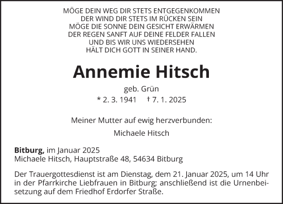 Todesanzeige von Annemie Hitsch von trierischer_volksfreund