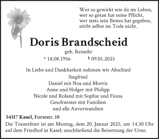 Todesanzeige von Doris Brandscheid von trierischer_volksfreund