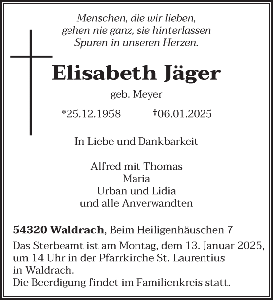 Todesanzeige von Elisabeth Jäger von trierischer_volksfreund