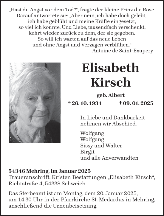 Todesanzeige von Elisabeth Kirsch von trierischer_volksfreund