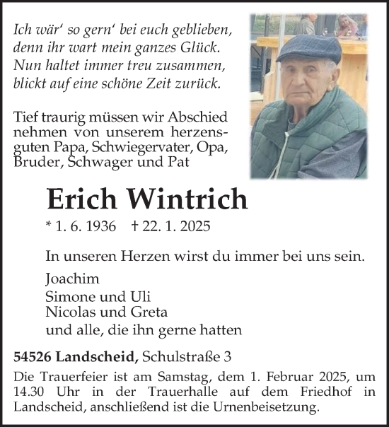 Todesanzeige von Erich Wintrich von trierischer_volksfreund