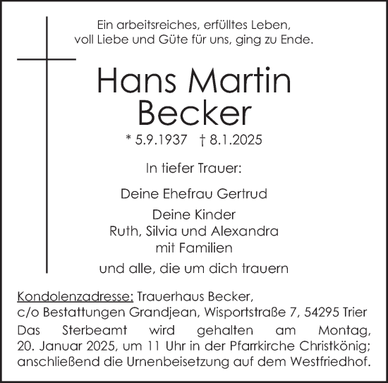 Todesanzeige von Hans Martin Becker von trierischer_volksfreund