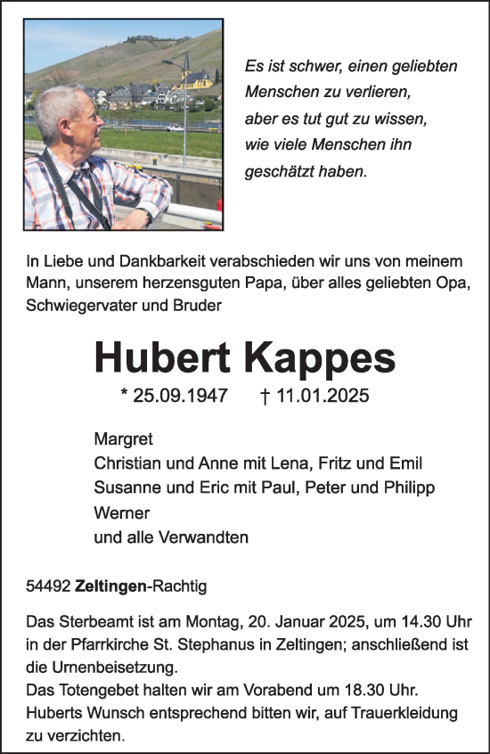 Todesanzeige von Hubert Kappes von trierischer_volksfreund