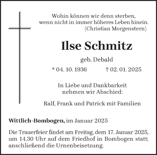 Todesanzeige von Ilse Schmitz von trierischer_volksfreund