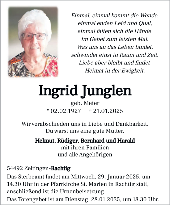 Todesanzeige von Ingrid Junglen von trierischer_volksfreund