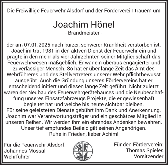 Todesanzeige von Joachim Hönel von trierischer_volksfreund