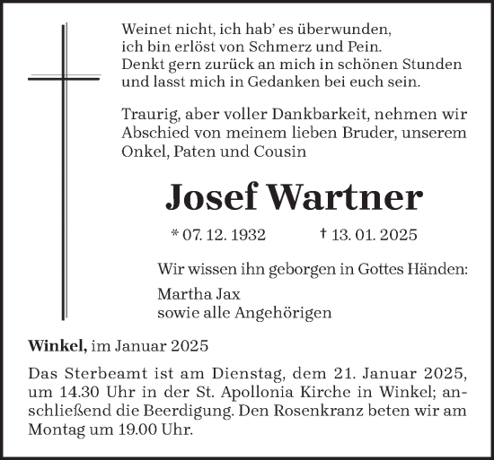 Todesanzeige von Josef Wartner von trierischer_volksfreund